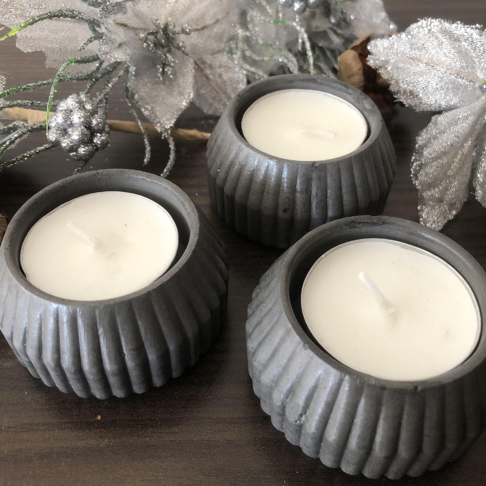 Duru Rölyefli El Yapımı Taş Tozu Mumluk Seti – Antrasit 3’lü (Mum Hediyeli) - Image 2